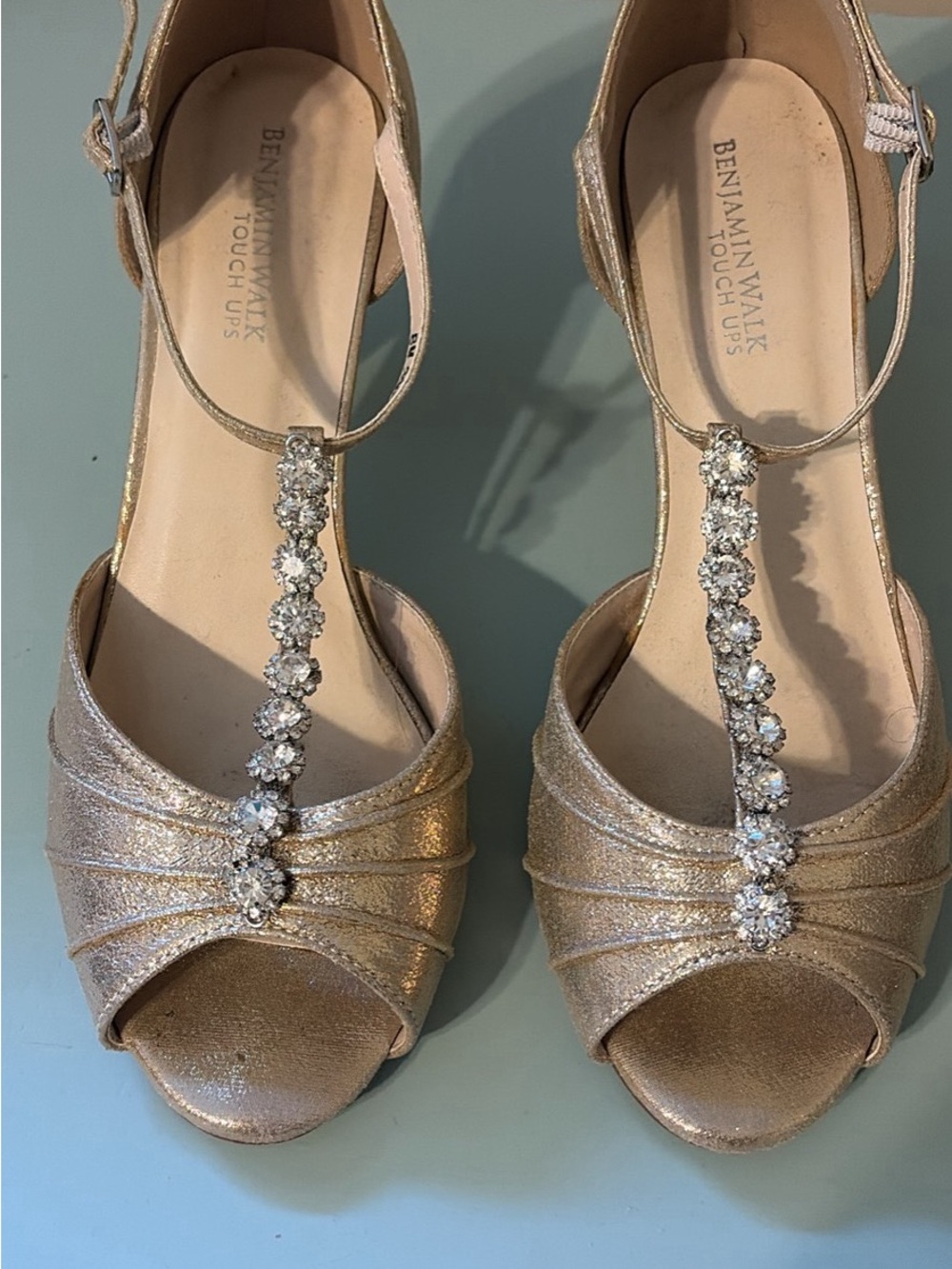 Benjamin Walk Metallic Gold T-Strap Crystal Heels